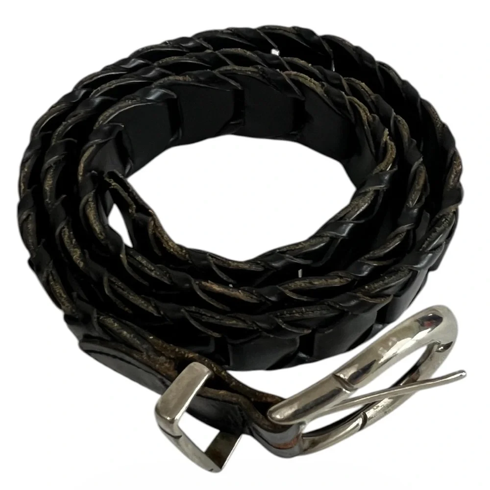 Woven Brown Leather Belt, Size 34, Silver Buckle